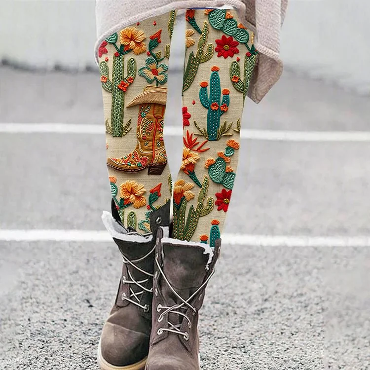 Western Vintage Boots And Floral Cozy Casual Leggings