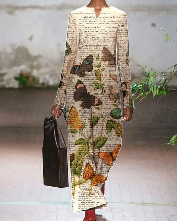 elegant fashion letter butterfly print autumn maxi dress p555010