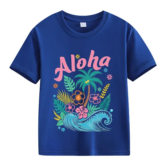【2Y-13Y】Kids' “Aloha” Fresh Tropical & Hawaiian Style Cartoon Print T-Shirt
