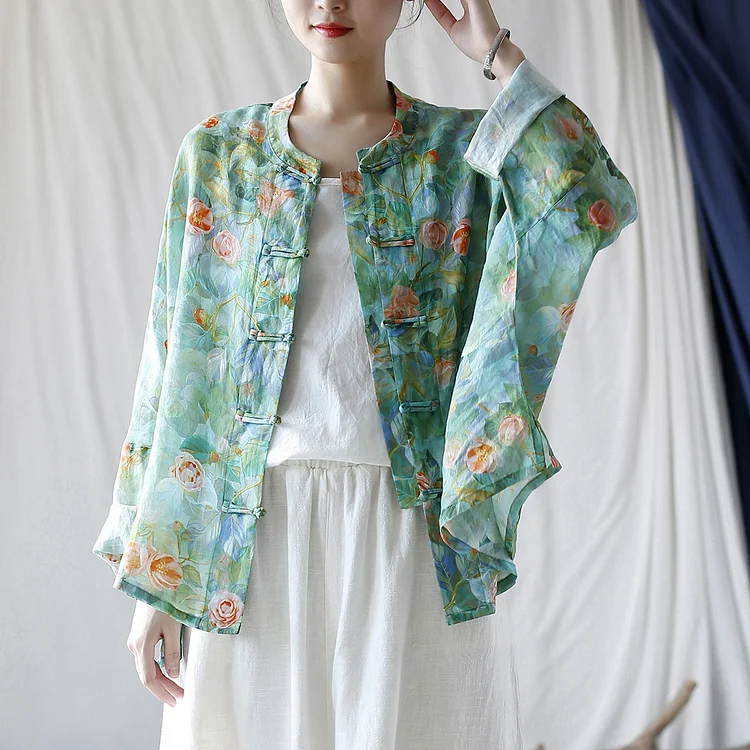 Original Ramie Printed Buttoned Long Sleeve Outerwear