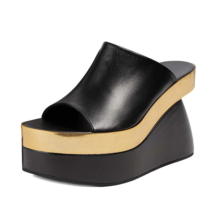 Black Platform Sandals Open-Toe Wide Band Wedge Mules for Women |FSJ Shoes