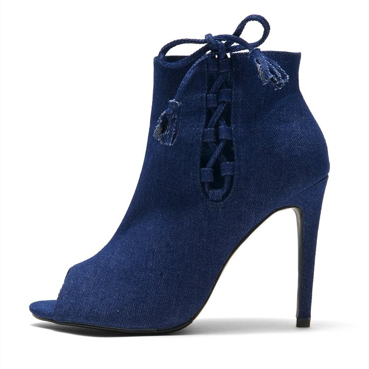 Denim Boots Peep Toe Stiletto Heels Lace Up Ankle Booties |FSJ Shoes