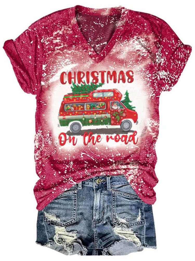 Vefave Christmas Gift Cart Print Short Sleeve T Shirt