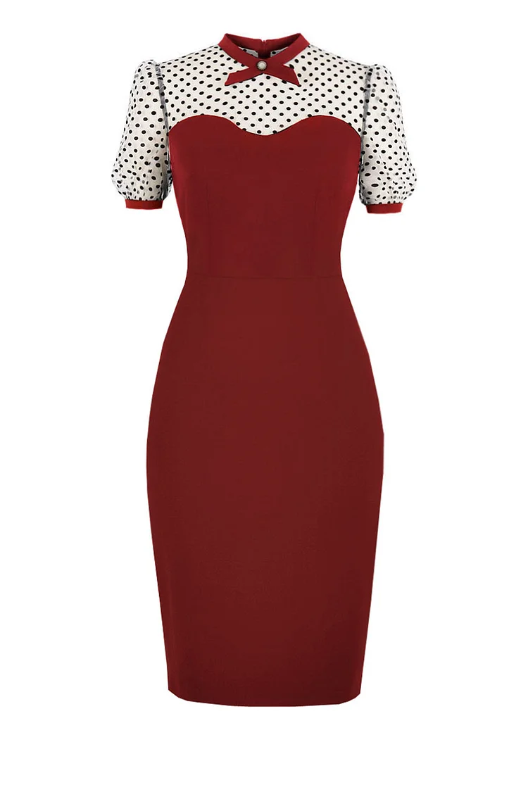 1950s Red Formal Polka Dot Mesh Patchwork Bodycon Midi Pencil Dress