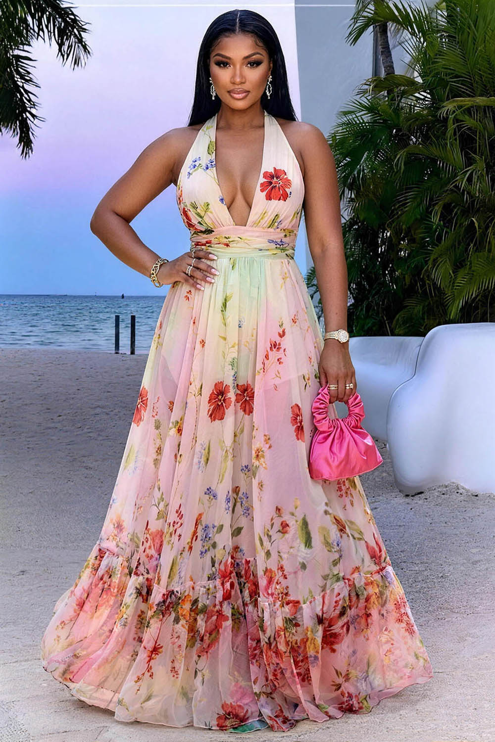 Halter Deep V Neck Floral A-Line Mesh Vacation Maxi Dresses-Pink [Pre Order]