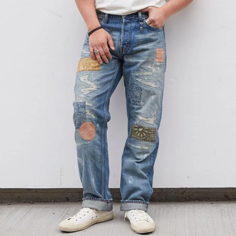 Retro Patchwork Cashew Flower Distressed Selvedge Jeans
