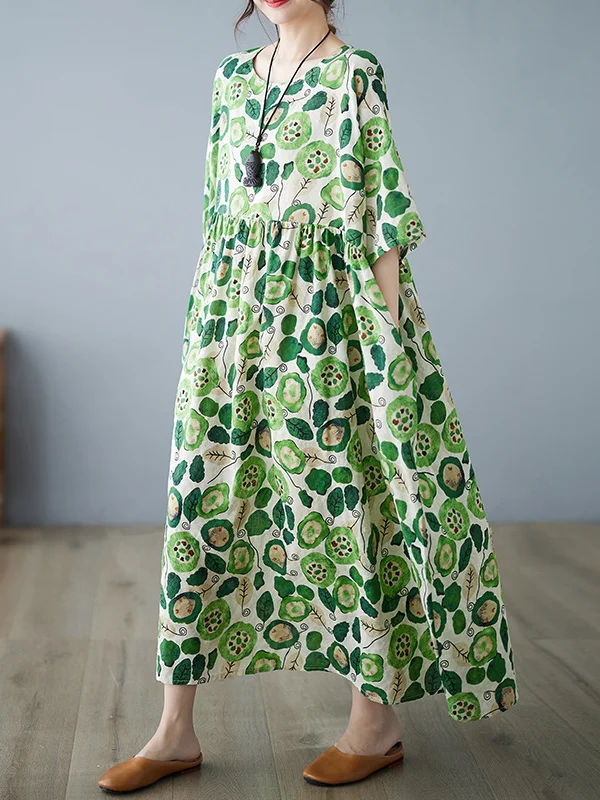 Batwing Sleeves Roomy Pleated Split-Joint Round-Neck Midi Dresses