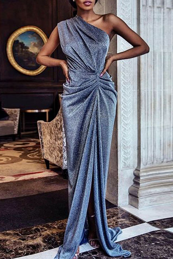 Elegant Solid Fold Oblique Collar Evening Dress Dresses - Life is Beautiful for You - SheChoic
