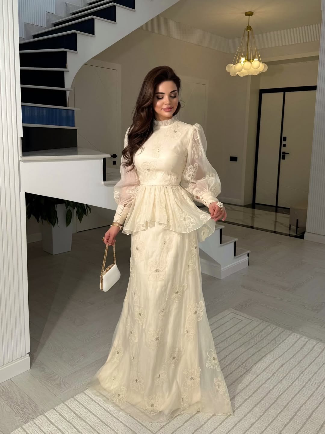 Chic Ivory High Neck Long Sleeves Embroidery Maxi Prom Dress YK1296Chic Ivory High Neck Long Sleeves Embroidery Maxi Prom Dress YK1296