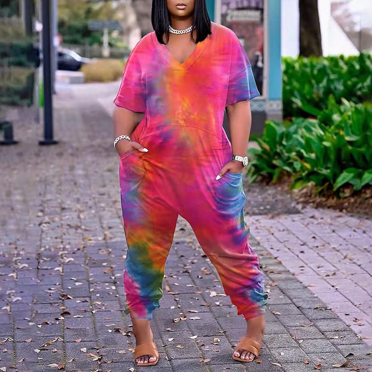 Casual Tie Dye Short Sleeve Jumpsuit