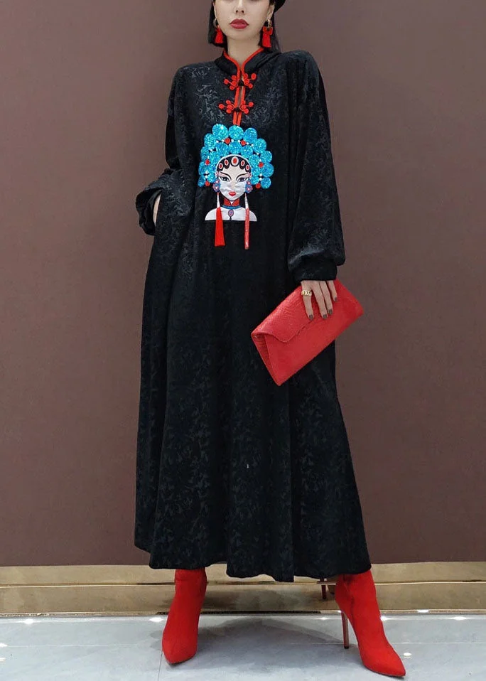Vintage Black Oriental Velour Long Dresses