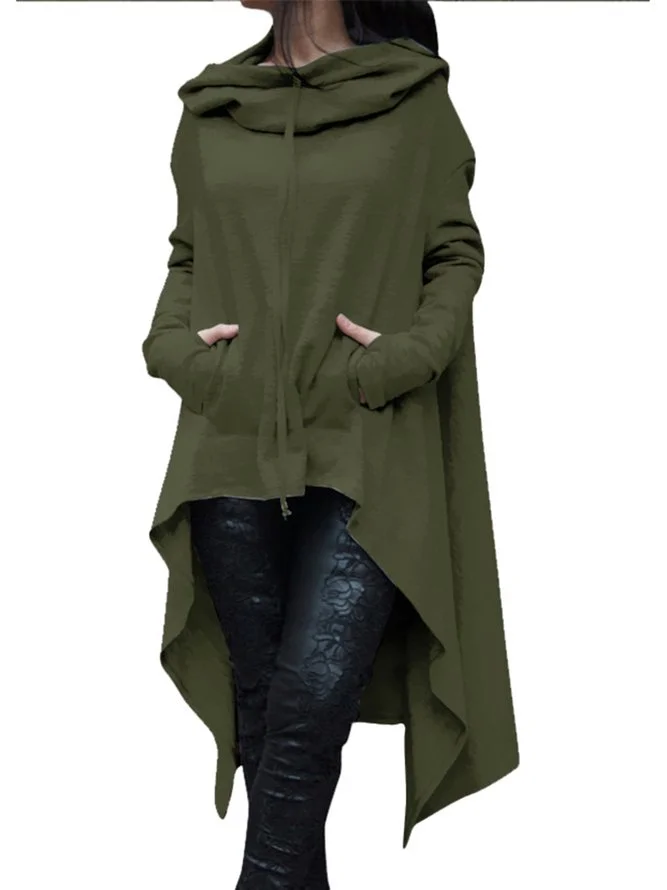 Army Green Pockets High Low Solid Long Sleeve Hoodie Zaesvini
