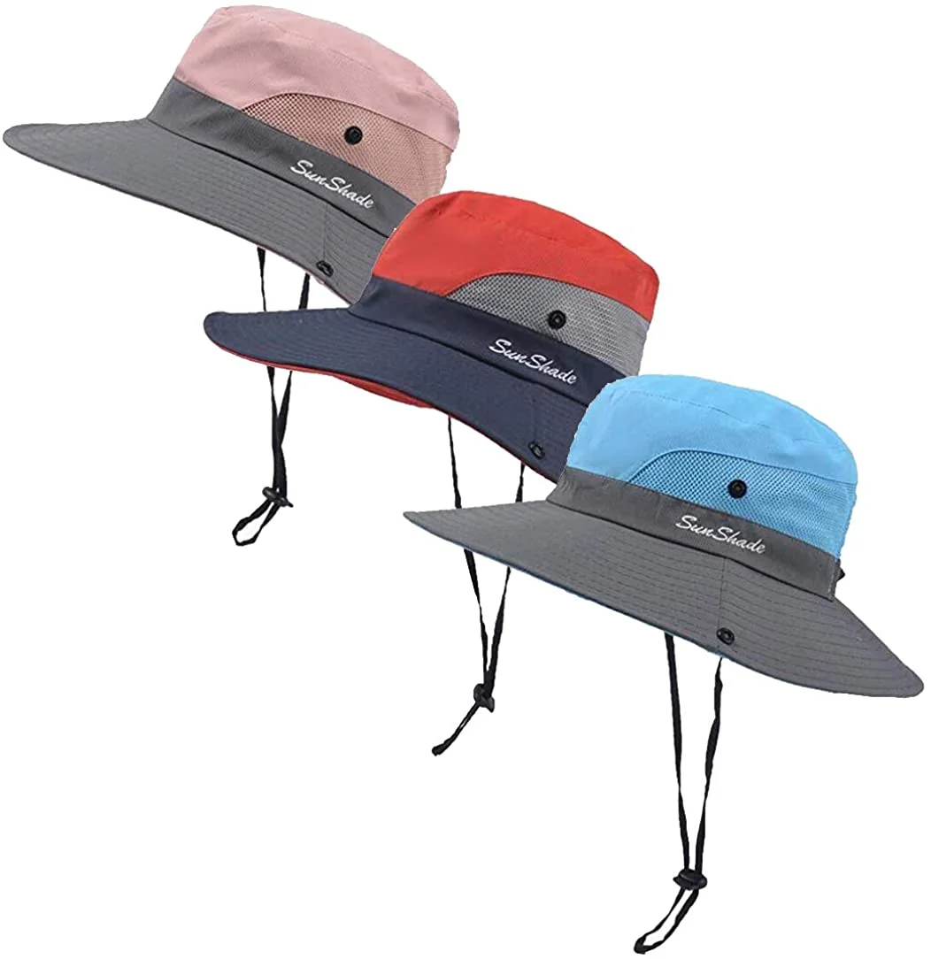 3 Pieces Women's Outdoor Ponytail Safari Sun Hat Foldable Mesh Wide Brim Beach Fishing Hat (Red & Pink & Sky Blue)