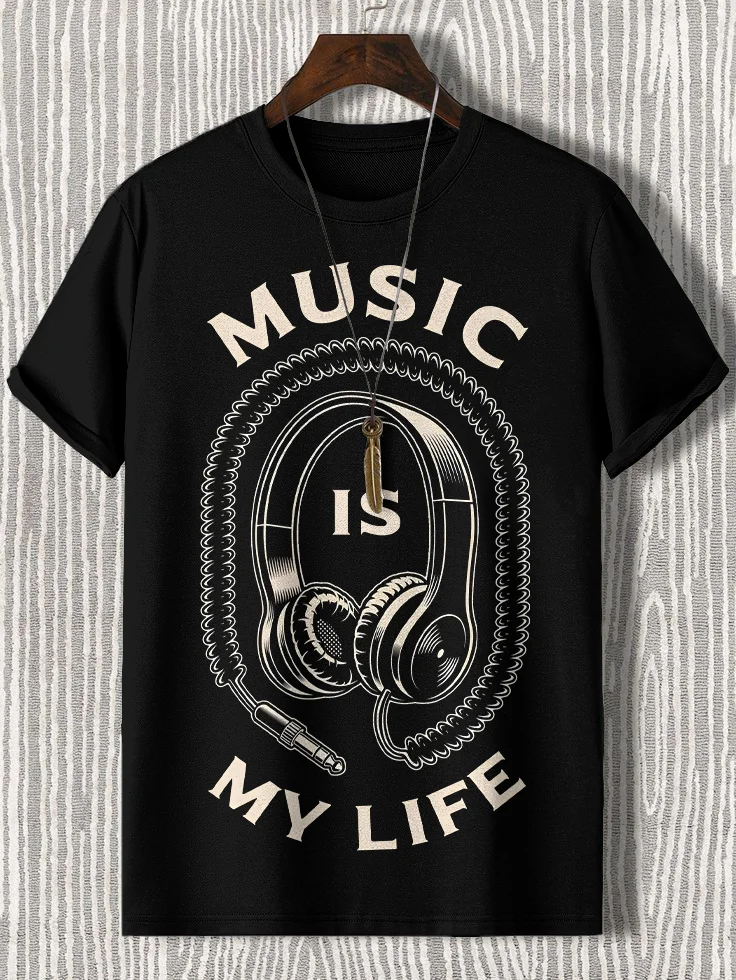 Men's Music Is My Life Vintage Headphones Print Cotton Casual T-Shirt