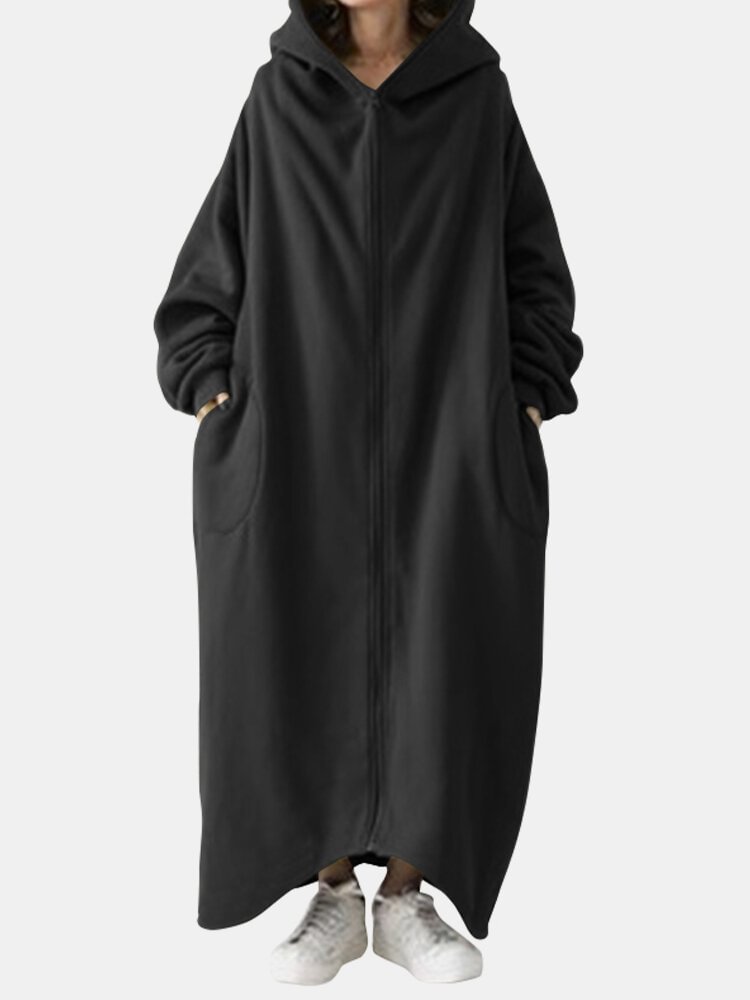 Solid Color Plain Zipper Pocket Long Sleeve Casual Hooded Coat for Women