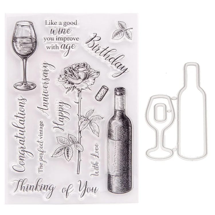Red Wine Glass Paper Cut Dies Metal Stencil Clear Silicone Seal Stamp Mold