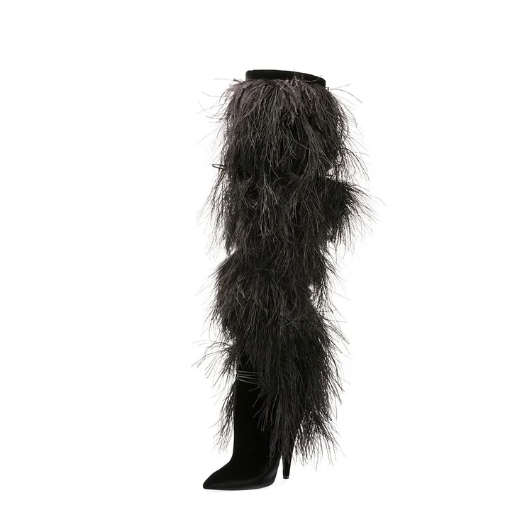 Black Faux Fur Boots Pointy Toe Cone Heels Knee-high Boots |FSJ Shoes