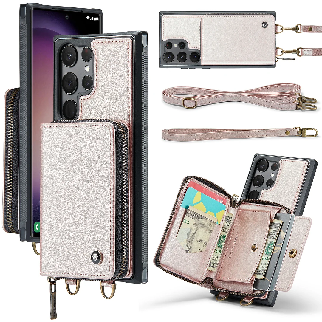 Luxury Crossbody Retro Leather Phone Case With 4 Cards Wallet,Kickstand,Zipper Slot And Lanyard For Galaxy S22/S22+/S22 Ultra/S23/S23+/S23 Ultra