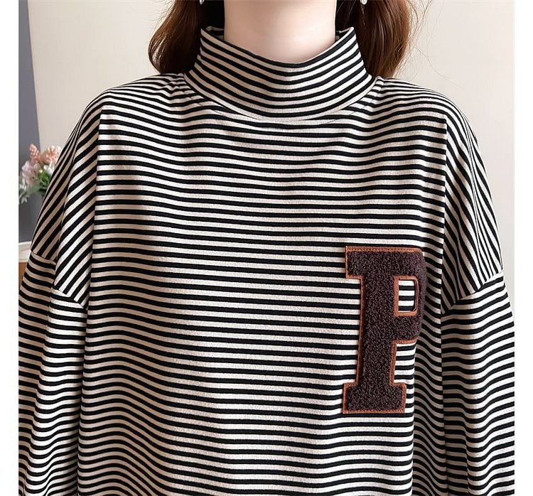 Long-Sleeve Mock Neck Striped Lettering Applique Mock Two Piece Oversized T-Shirt YY31
