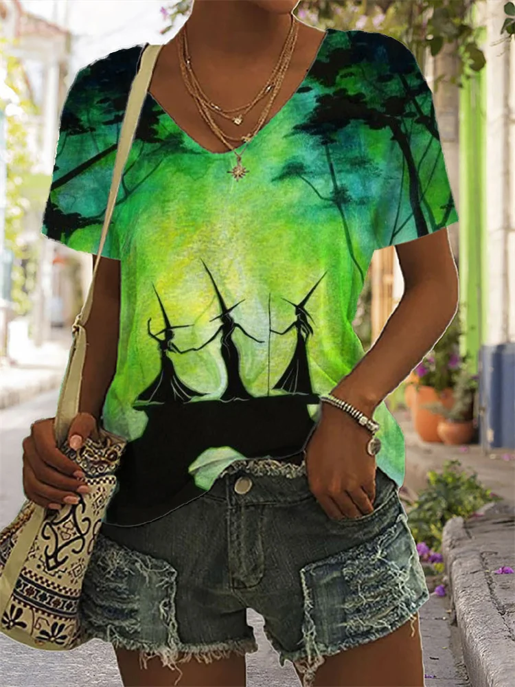 Forest Witches Watercolor V Neck T Shirt