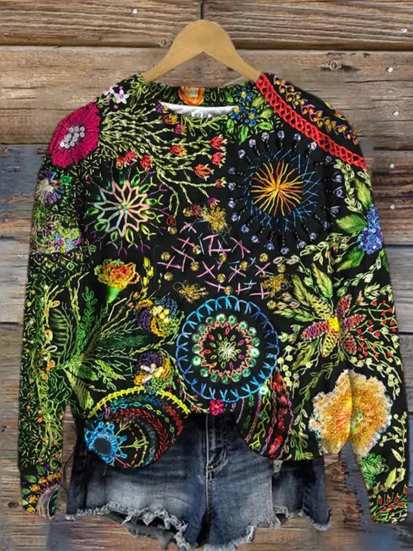 Women's Yarn Colorful Flowers Graphic Print Casual Sweatshirt