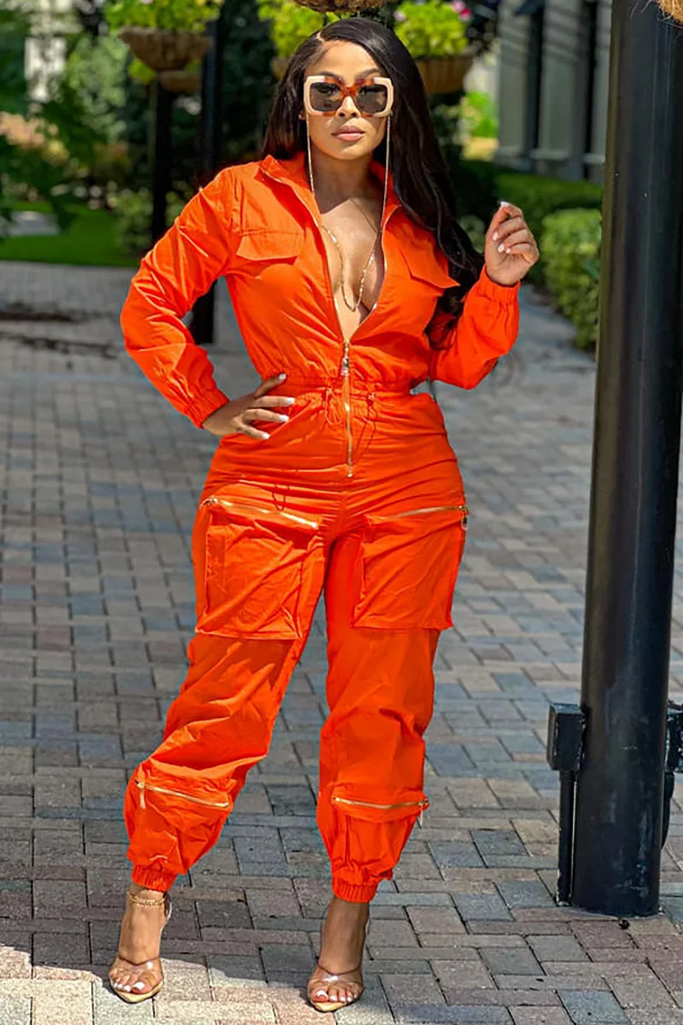 Turndown Collar Zip Long Sleeve Pockets Cargo Jumpsuit-Orange