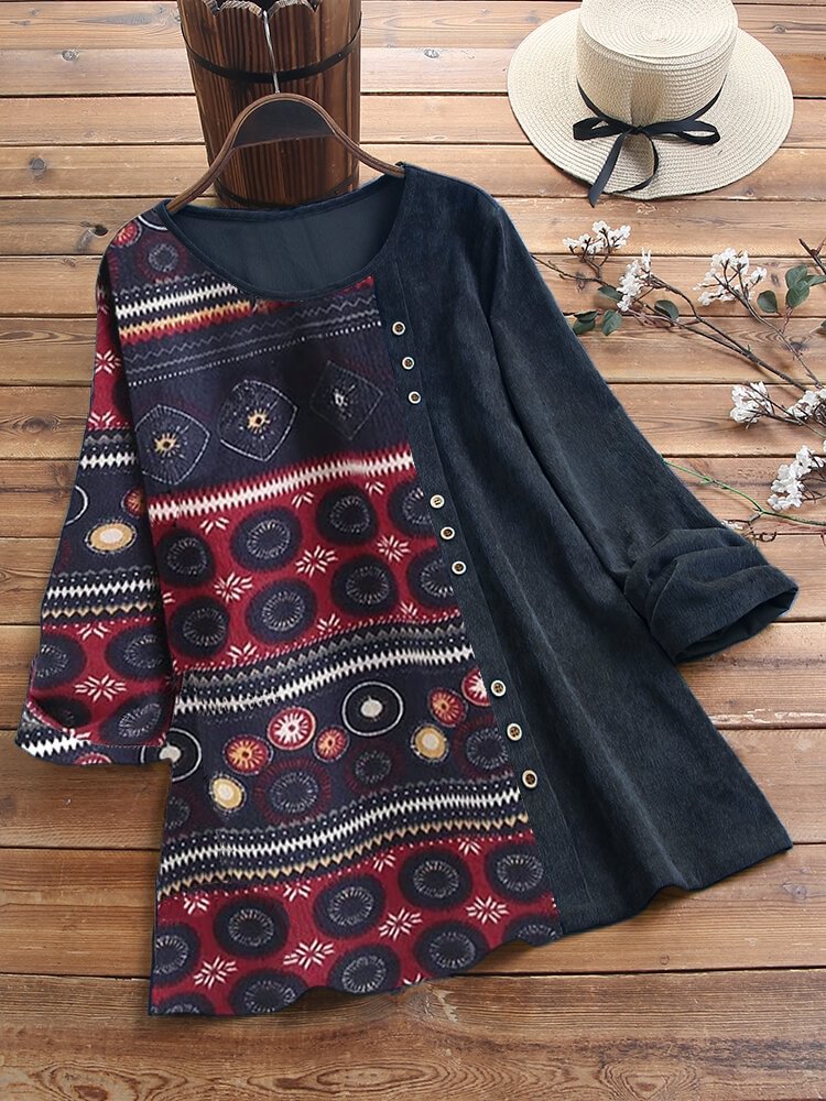 Corduroy Ethnic Print Patchwork Vintage Long Sleeve Blouse P1593094