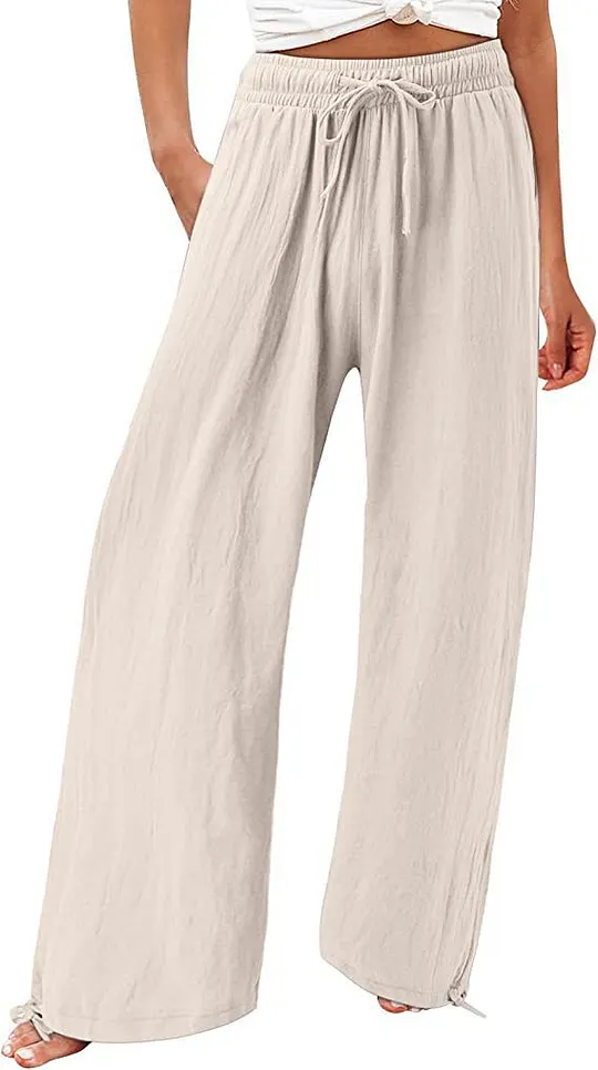 Summer Casual Loose Beach Pants Women's Wide Leg Pure Color Rope Detailing Long Trousers Comfortable Loose Fit Beachwear