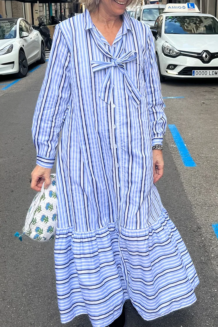 Sash Turndown Collar Long Sleeve Striped Linen Maxi Dresses [Pre Order]