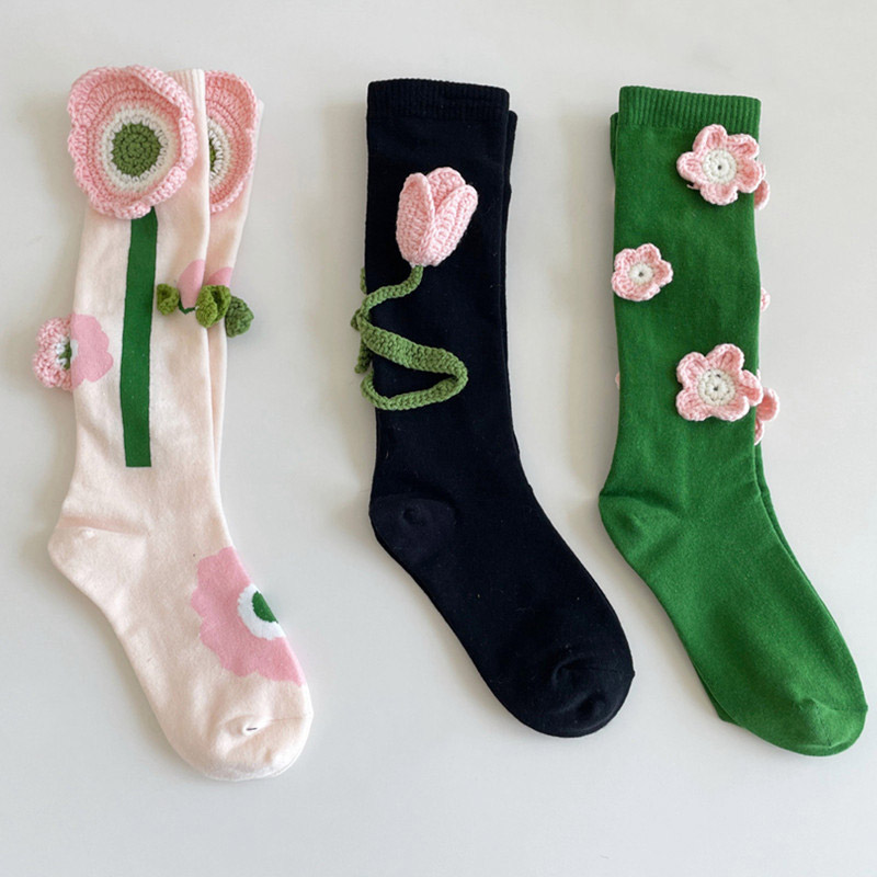 3D Tulip Pattern Print Knit Ankle Socks