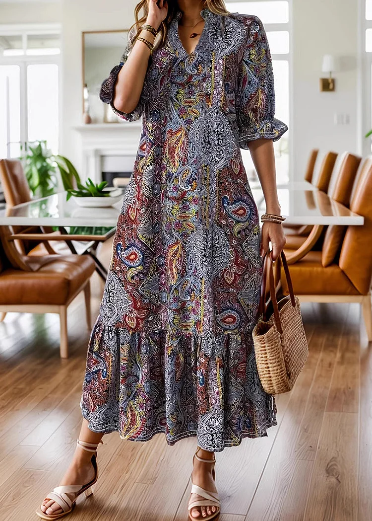 Boho Red V Neck Print Wrinkled Patchwork Cotton Long Dresses Summer