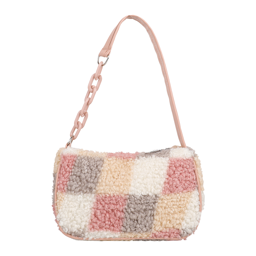 Woollen Handbag Plaid Print Shoulder Zipper Underarm Bag Tote, Blue, 501 Original