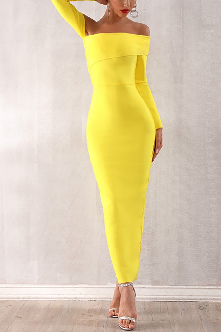 Yellow Off Shoulder Split Back Bandage Dress - Chicaggo