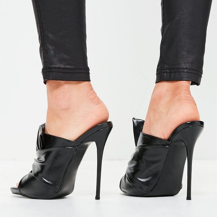 Black Mule Heels Peep Toe Knot Stiletto Heels Sandals |FSJ Shoes