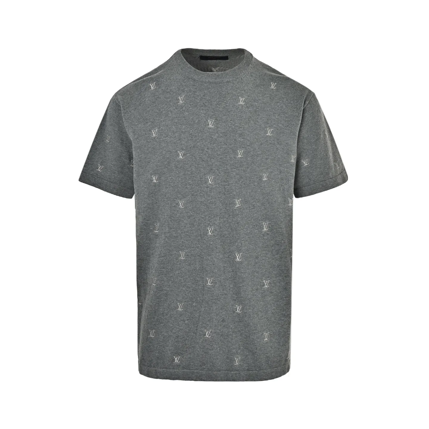 Front view of heather grey embroidered t-shirt