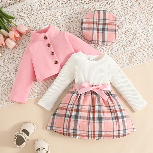 【6M-3Y】Girls' Long-Sleeve Stand-Collar Wool Coat + Plaid Ribbed Dress + Beret Set