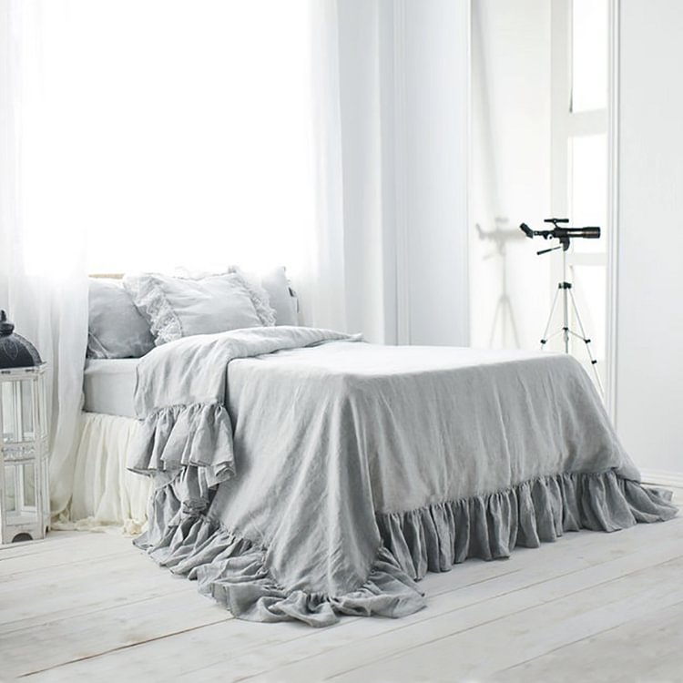 Gray 100% Flax Linen Duvet Cover Set With Ruffled-ChouChouHome