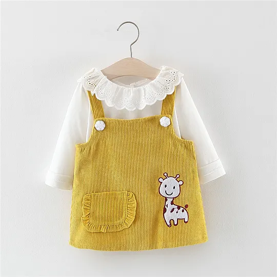 【6M-3Y】Girls' Solid T-Shirt + Cute Giraffe Corduroy Pinafore Dress 2-Piece Set