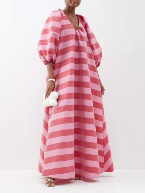 Elegant Striped Puff Sleeve Maxi Dress