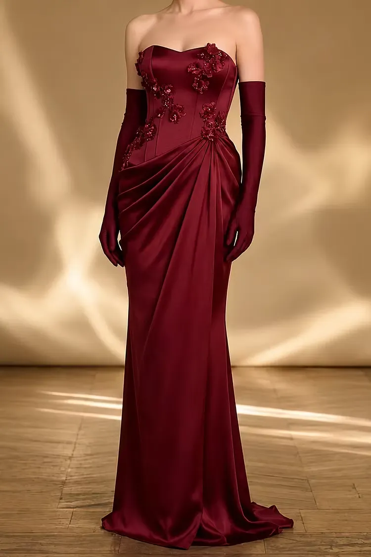 Lussooy Exquisite Satin Strapless Beaded Applique Pleated Sleeveless Prom Dress with Gloves