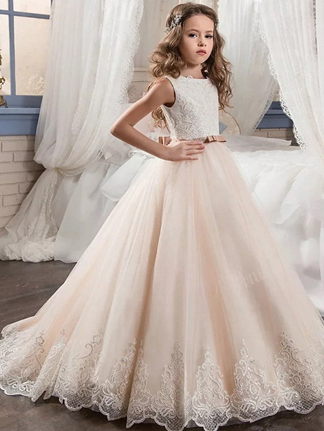 Daisda Ball Gown Sleeveless Jewel Neck Party Flower Girl Dresses Tulle With Ruching