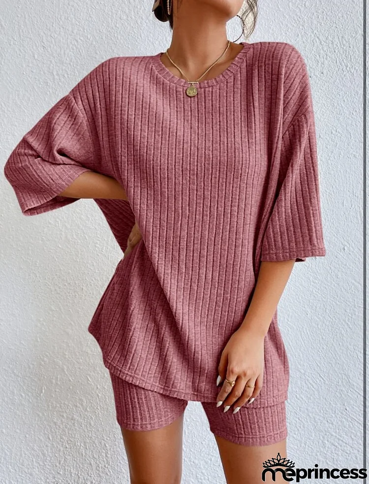 Women Fashion Casual Solid Color Rib-Knit Short Sleeve Top And Shorts Two-Piece Set