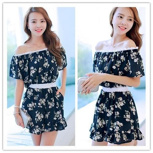 Black/Navy Little Daisy Boat Neck Dress SP152617