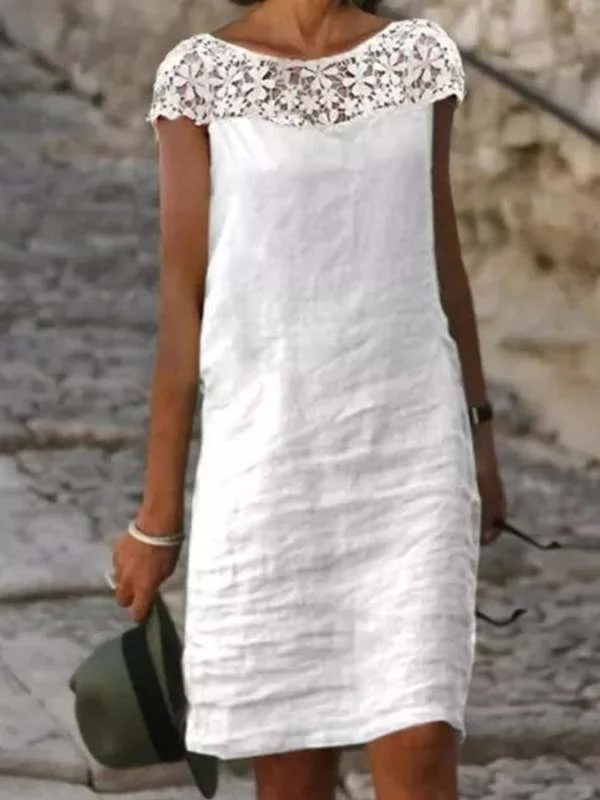 Lace Cotton Linen Solid Color Casual Dress