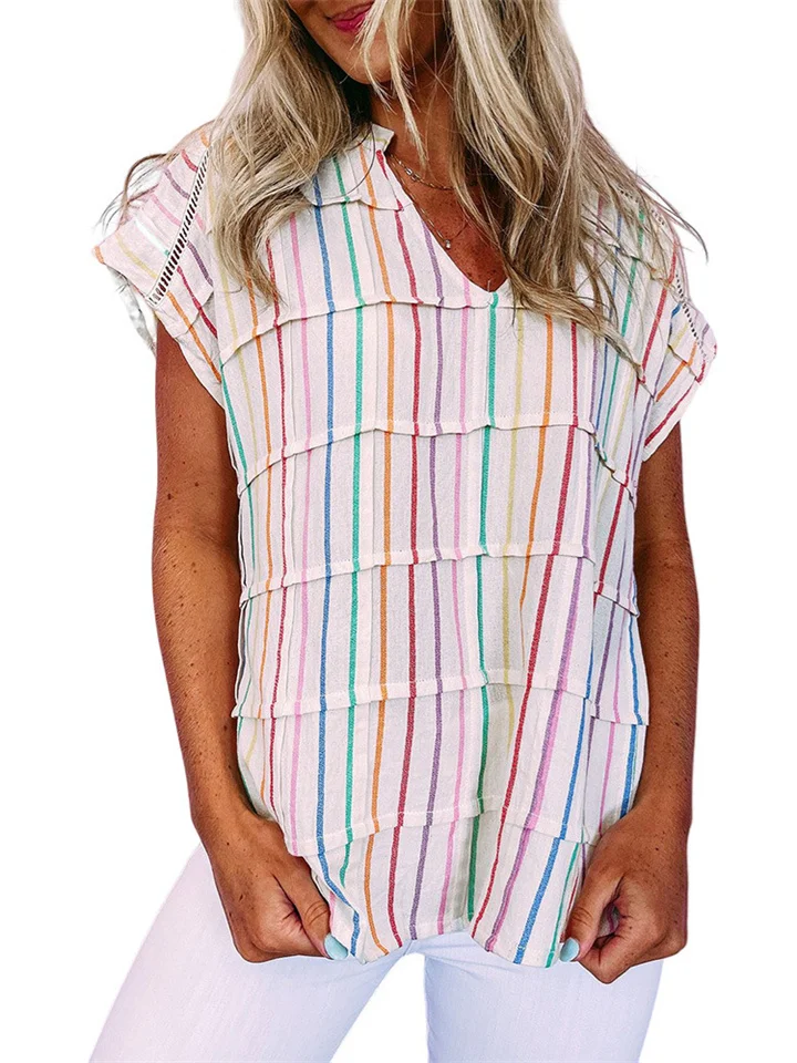 Women's New Stripes Hit Color Bat Sleeve Chiffon Shirt Casual V-neck Three-quarter Sleeve Loose Type Pullover Shirt