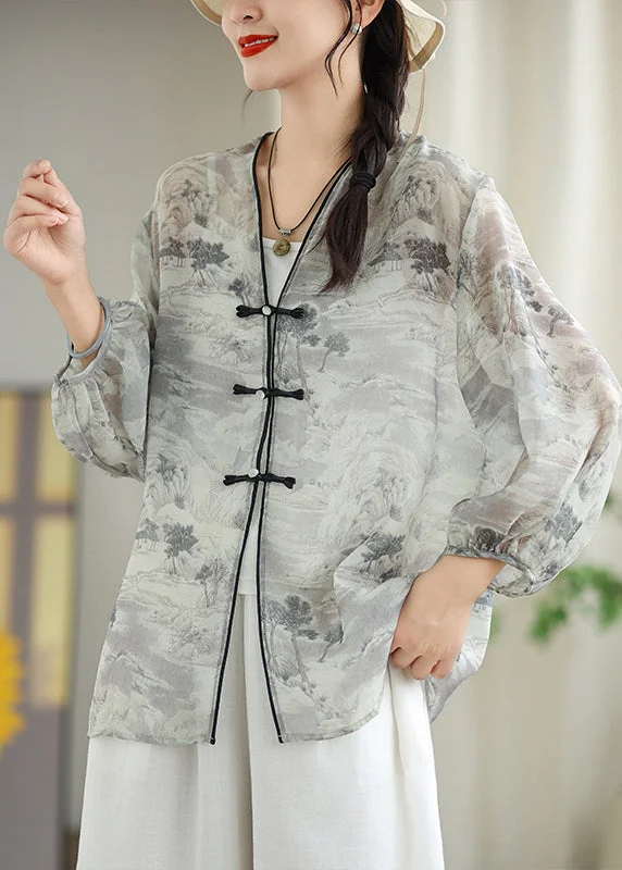 Vintage White Print Chiffon Oriental UPF 50+ Cardigans Spring