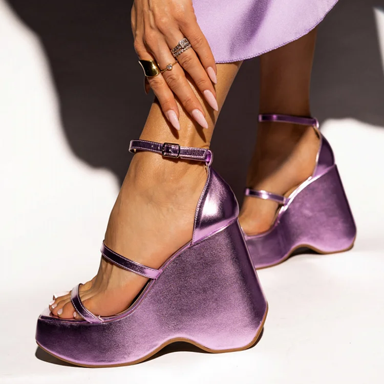 Elegant Purple Square Toe Sandals Women'S Summer Wedge Heels Office Platform Shoes |FSJ Shoes