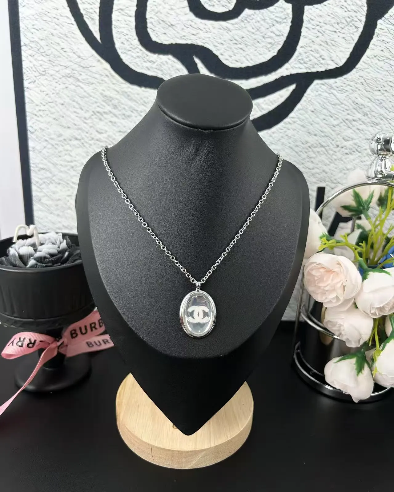 Chanel Silver Mirror Surface Oval Pendant Necklace