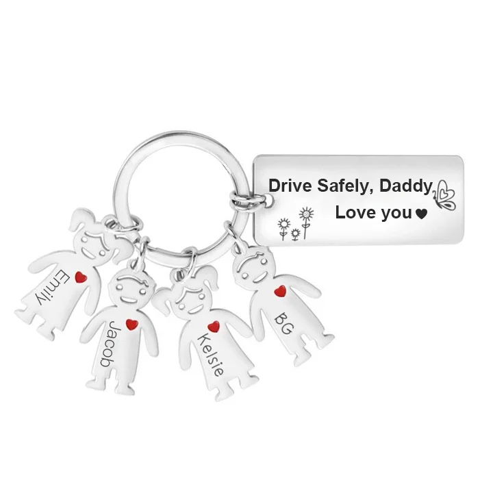 Personalized Kid Charm Keychain Engrave 4 Names Drive Safely Family Keychain
