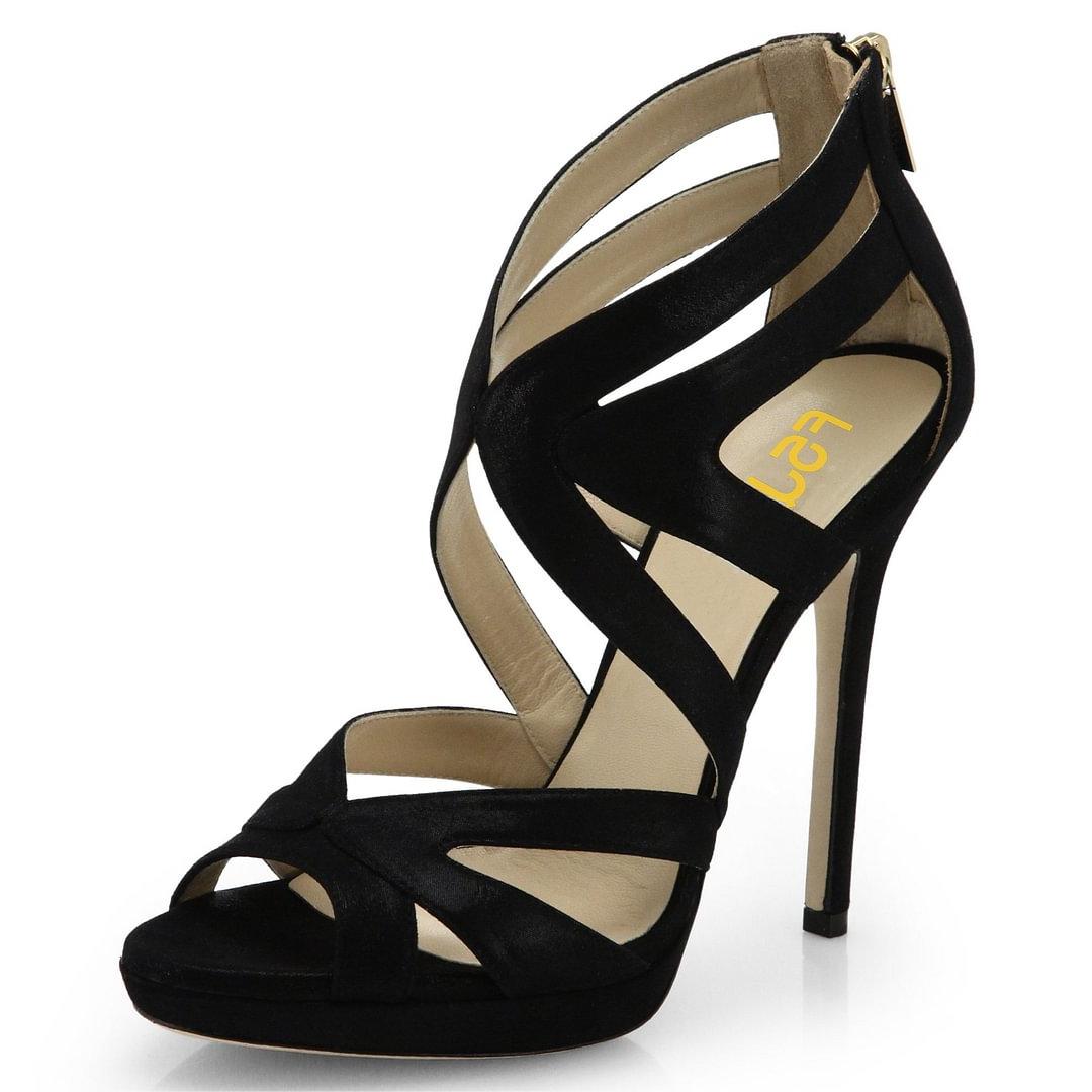 Black Stiletto Shoes Peep Toe Strappy High Heel Sandals